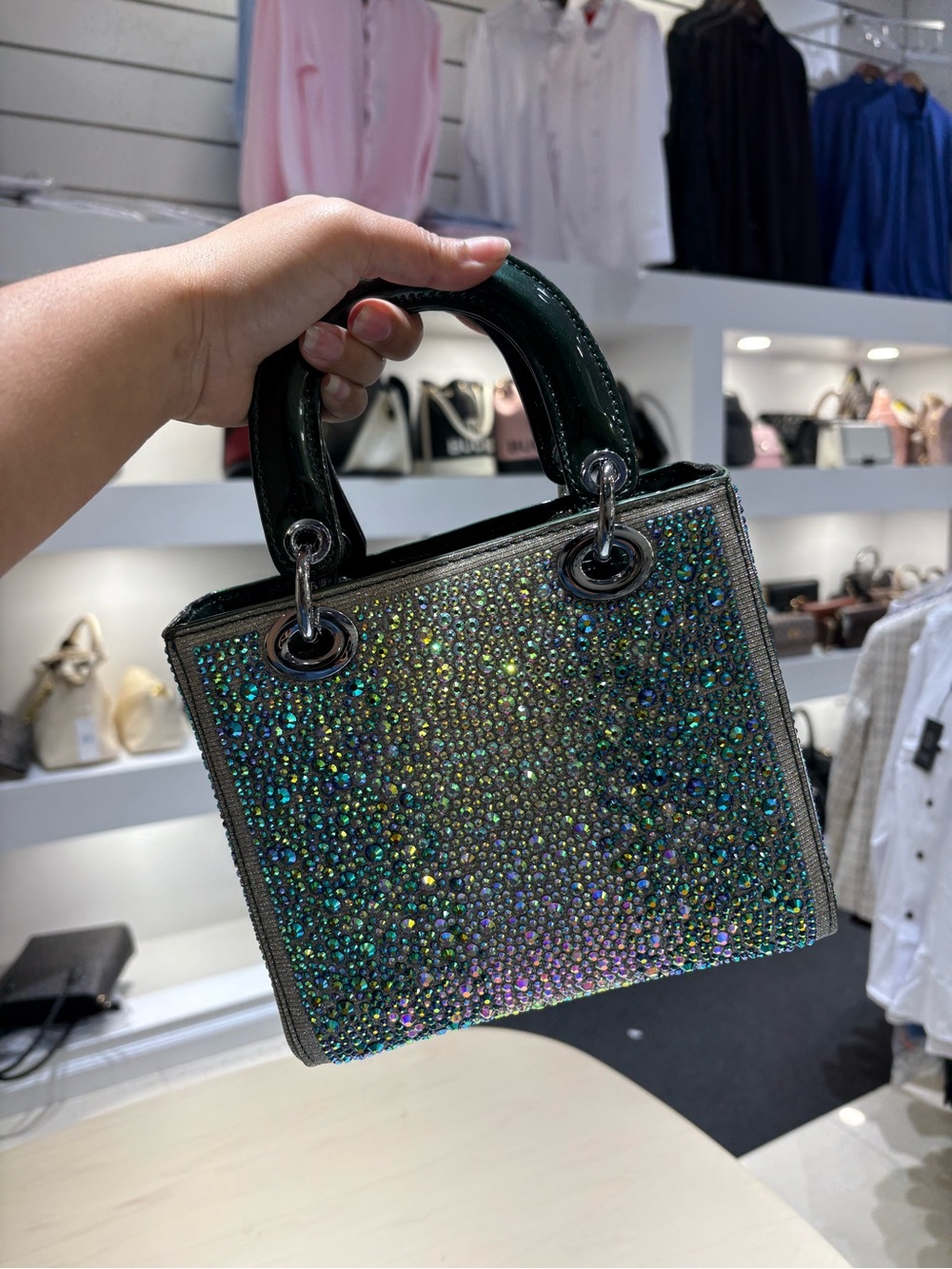 Emerald Crystal like-Embellished Mini Tote Bag
